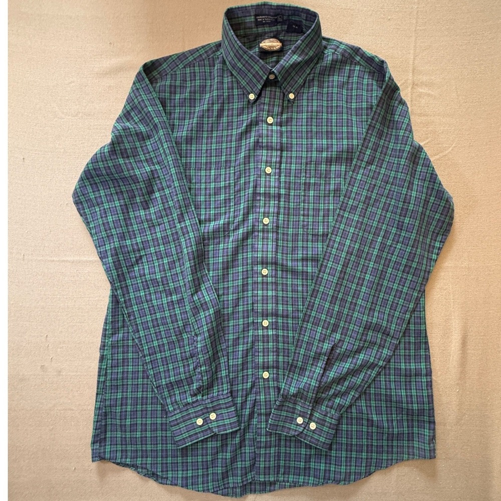 Towncraft Mens Large Tall Green Blue Plaid Button Down Shirt Long Sleeve 2146
